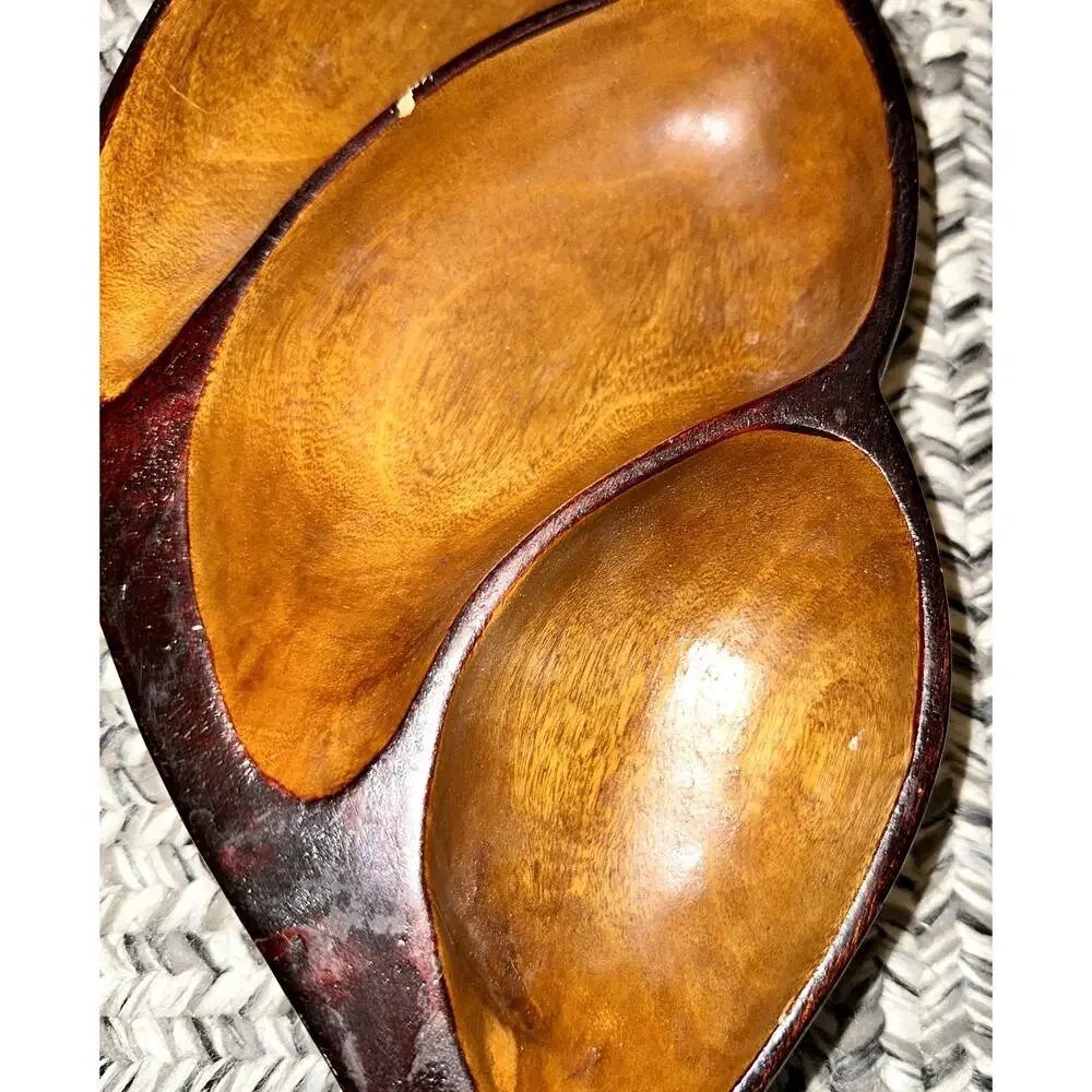 Vintage MCM Original Monkey Pod Wood Bowl Serving Tray Divided 3 Sections